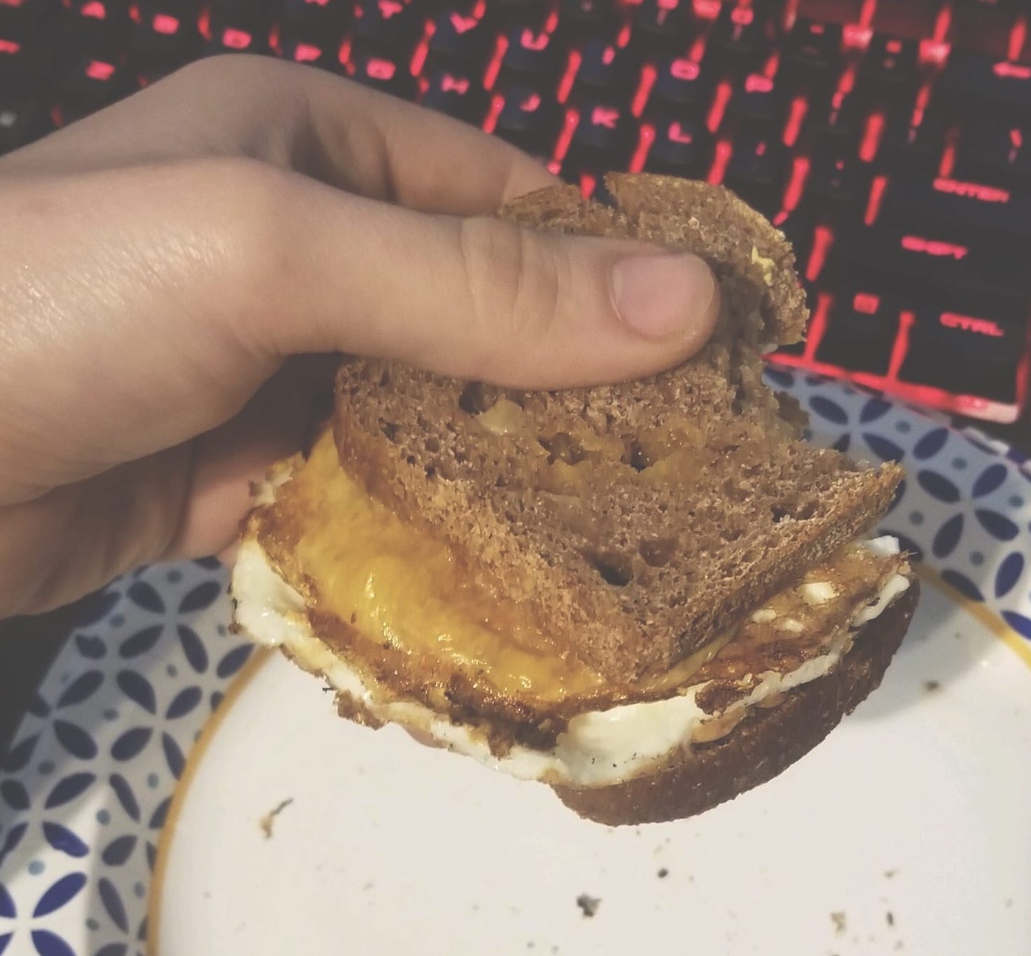 image of a cheese sandwich, being eaten