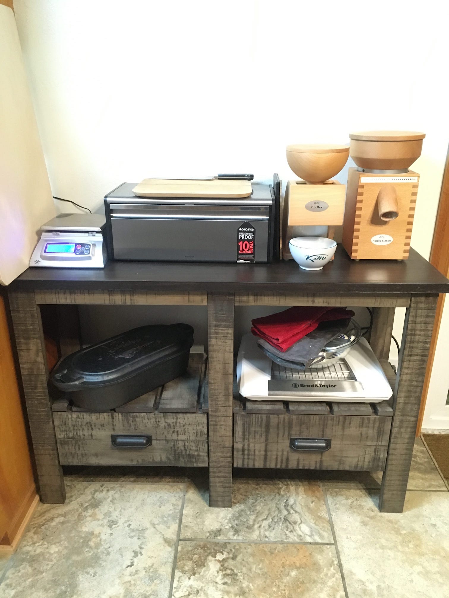 My baking station, with my flour mill and various bread equipment.