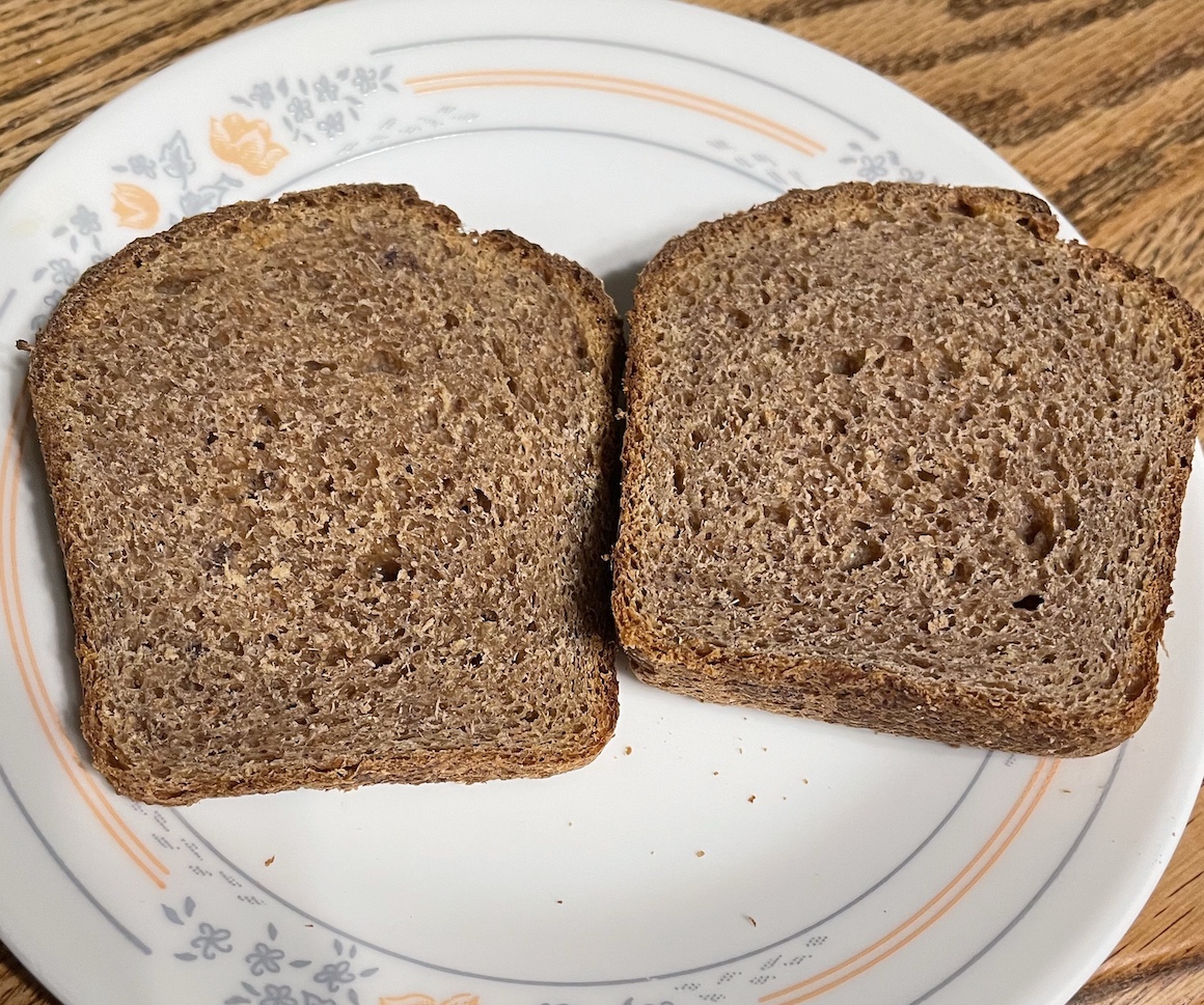 Two slices of multi-grain bread laying on a plate.